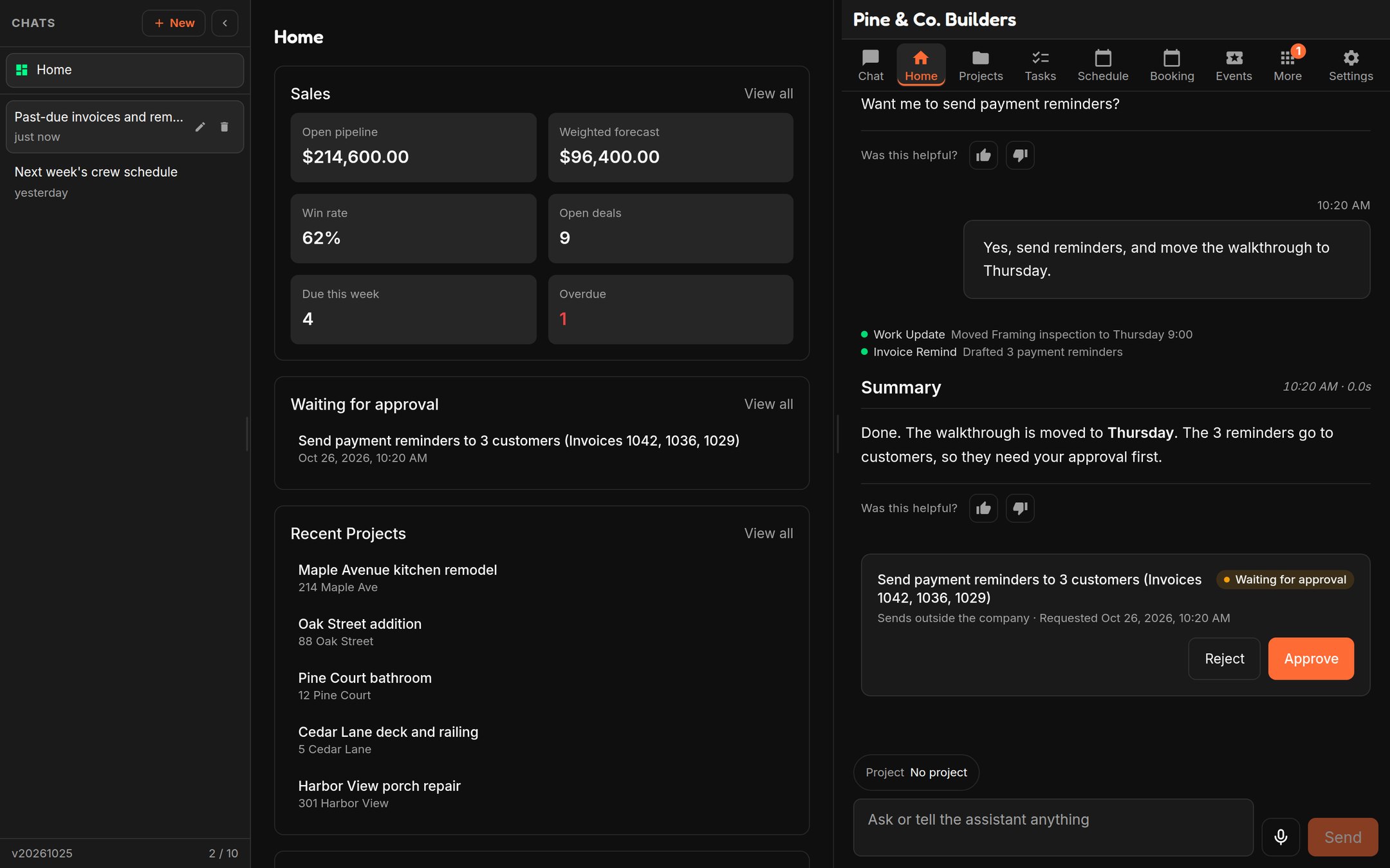 The NFTY Ops workspace: a Home page with sales, approvals waiting and recent projects beside the assistant, which has just moved a job and asked for approval to send payment reminders
